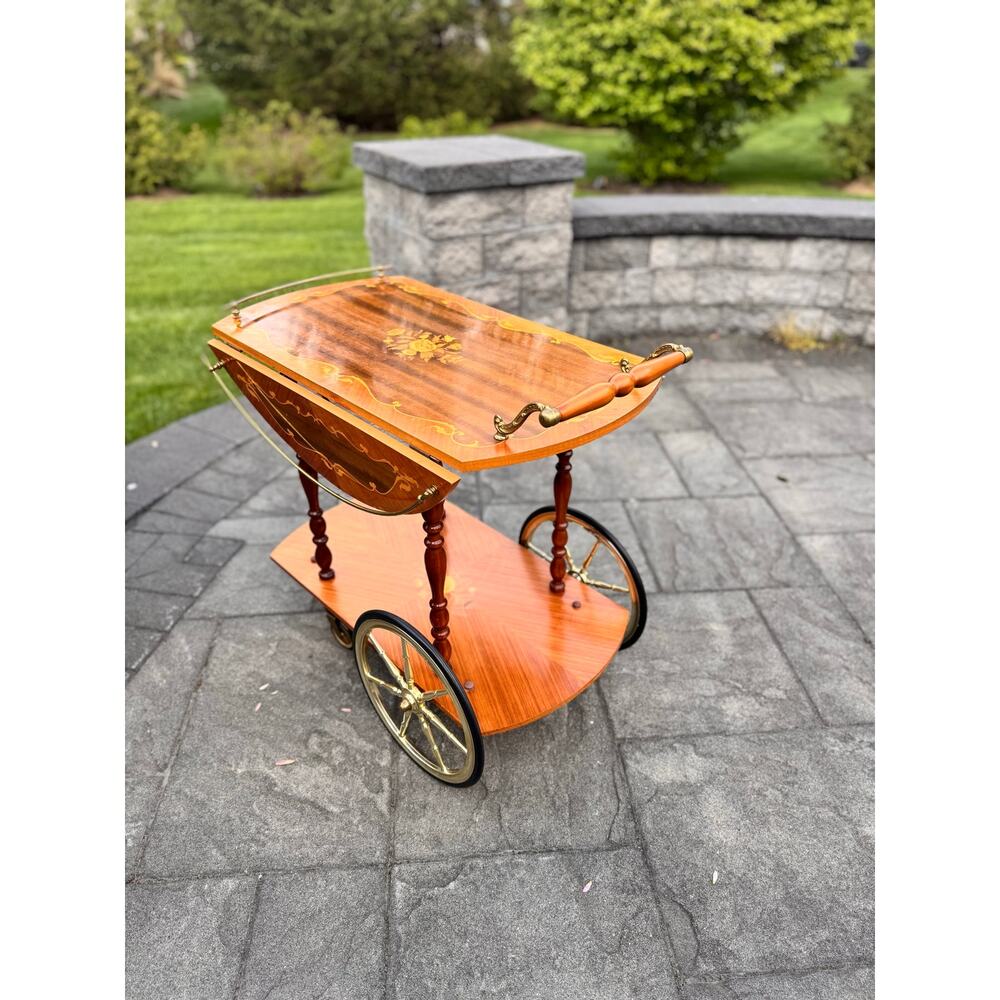 VTG Italian Marquetry Tea & Bar Cart Wood Serving Drop Leaf ~Great For Display